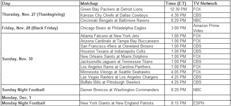 Week 13 NFL Schedule