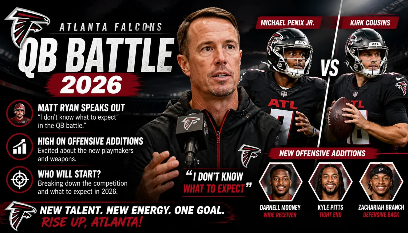Atlanta Falcons quarterback battle 2026 Matt Ryan comments offensive additions analysis and starting QB prediction